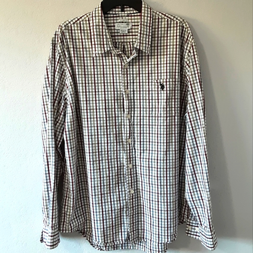 US Polo Assn Mens Long Sleeve Dress Shirt XXL Maroon, Tan & Grey Plaid Shirt